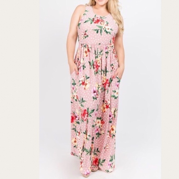 Floral Print Polka Dot Pocket Maxi Dress 1X 2X 3X - Picture 4 of 8